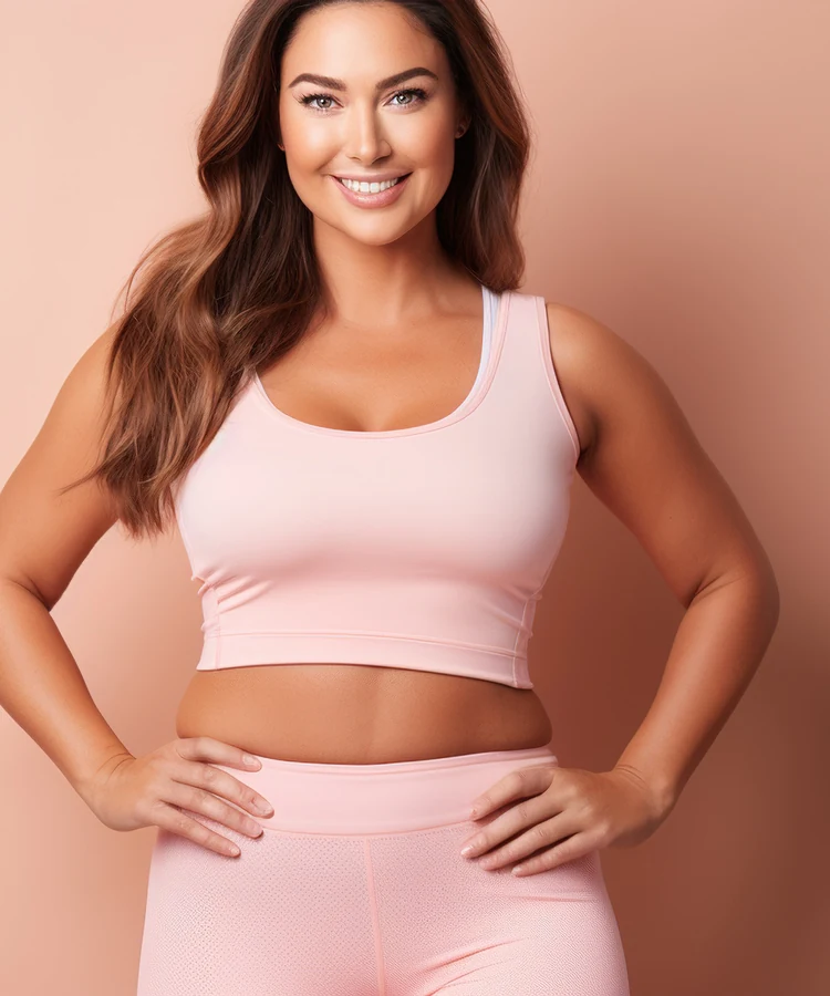 Confident woman in pink athletic wear smiling and posing with hands on hips for fitness wellness