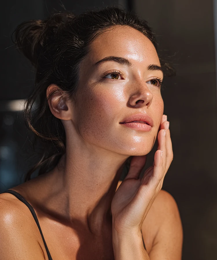 Woman with glowing skin applying moisturizer to face during skincare routine in bathroom