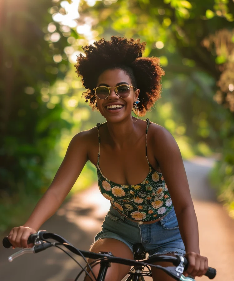 Smiling woman with natural curly hair enjoying outdoor cycling exercise for wellness and fitness