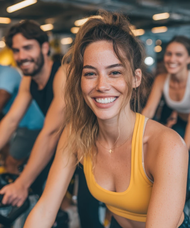 Smiling woman in yellow sports bra enjoying fitness workout at gym with friends exercising