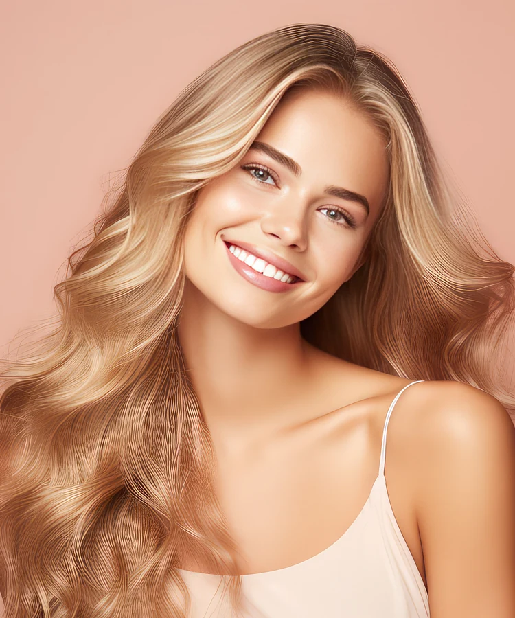 Beautiful woman with healthy blonde hair smiling confidently against pink background for wellness beauty