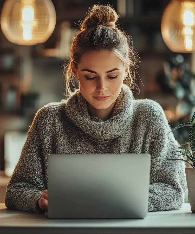 Woman in cozy sweater working on laptop in warm cafe setting focused on wellness goals