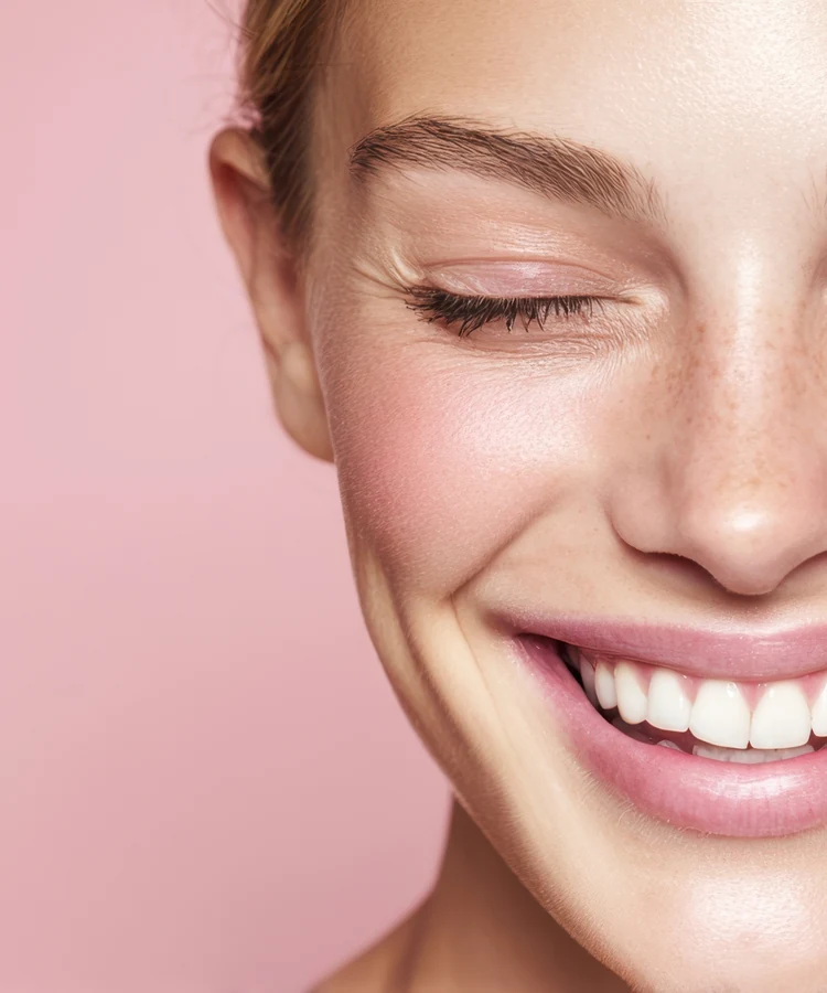 Happy woman with eyes closed and peaceful smile showing wellness and self-care confidence