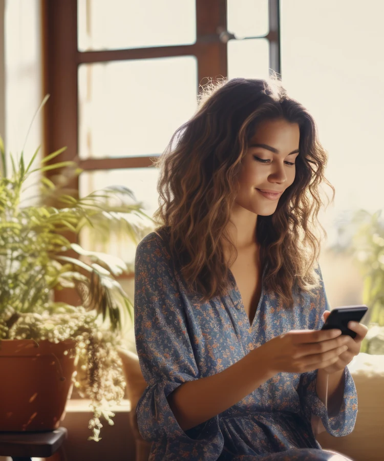 Woman relaxing at home using smartphone in bright room with plants for telehealth wellness consultation