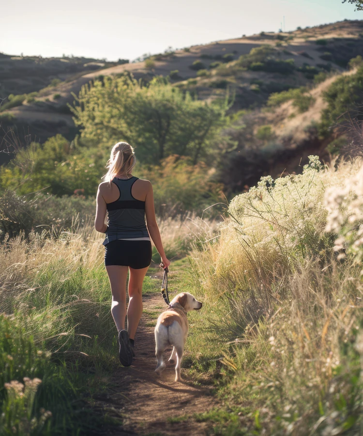 Woman in athletic wear walking golden retriever on scenic nature trail for wellness and exercise